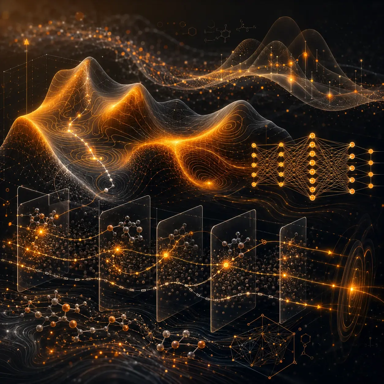 Abstract scientific landscape illustrating free-energy surfaces, molecular simulation, and machine learning